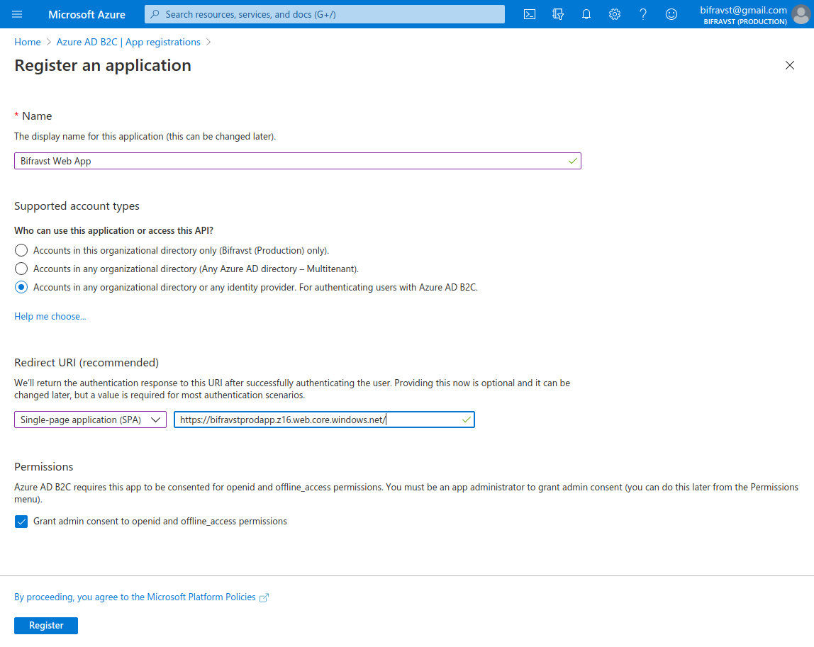 Create App Registration settings